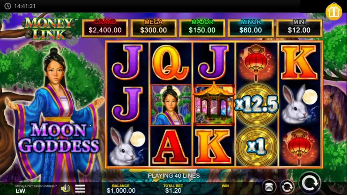 Interface do jogo Money Link Moon Goddess com elementos temáticos asiáticos