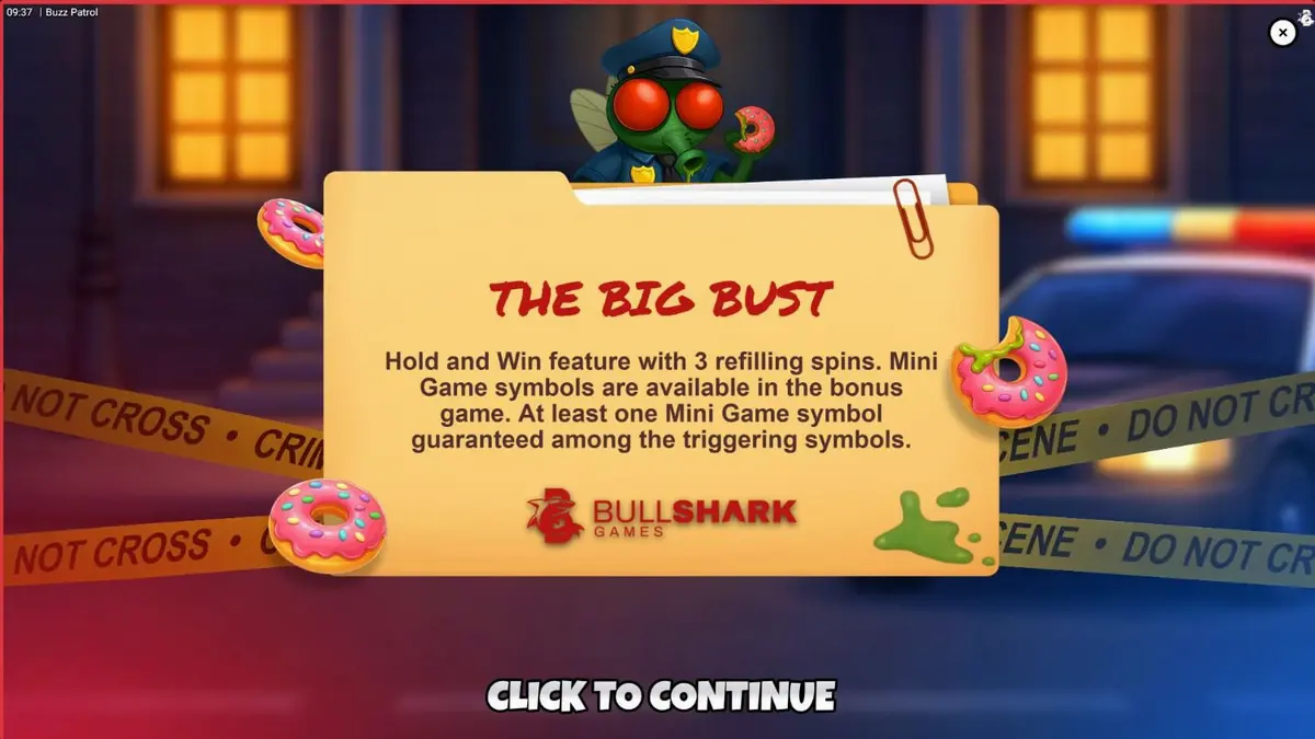 Tela de jogo do slot Buzz Patrol com temática de insetos policiais